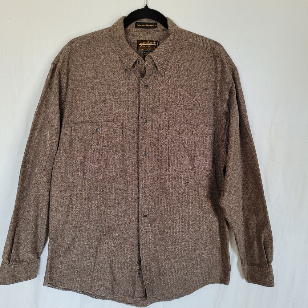 EDDIE BAUER Flannel Sonoma Heather Shirt Brown Blue Size L Relax Cozy Soft